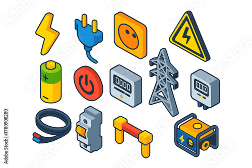 Electricity Symbols Icons. Isometric vector illustration set Electricity Symbols: lightning bolt, electric plug, power socket,