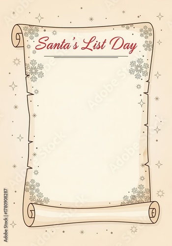 Vintage scroll template for Santa's List Day. Vertical Christmas holiday background with snowflakes and copy space for a letter or invitation