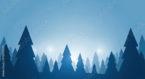Silhouetted evergreen trees on a gradient blue background. Bright, faint lights appear in the hazy distance. A cool, wintery scene