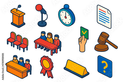 Debate Icons Set. Isometric vector illustration set Education: debate podium, microphone, timer clock, speech notes, audience