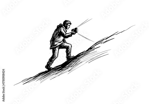 Sketch of a man climbing uphill holding a flashlight in hand-drawn style