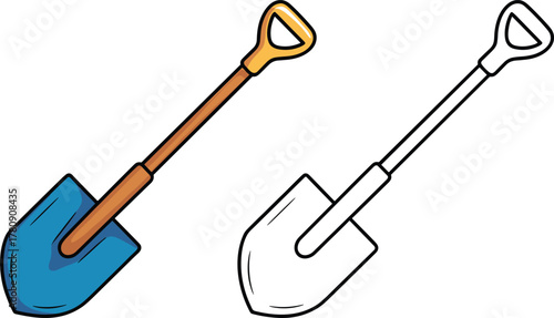 Shovel illustration, colored shovel vector, outline shovel drawing, gardening tool clipart, construction equipment icon, kids coloring page, DIY design asset