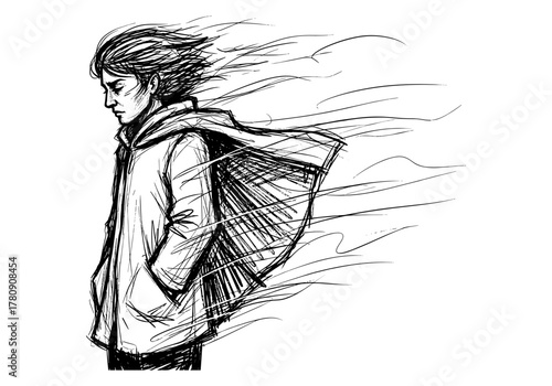 Pensive figure in windy scene: dynamic black and white sketch art