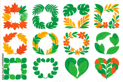 Colorful Leaf Frames. Isometric vector illustration set Tropical and Decorative Leaves: maple leaf frame, palm leaf frame,