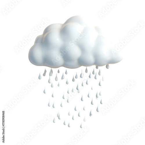 Cartoon rain cloud with raindrops 3D render. Stylized white weather forecast icon isolated on black background. Meteorology and climate concept.
