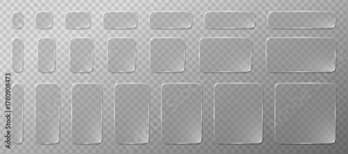 Futuristic glass morphism UI set with smooth reflection and liquid transparency. Glossy 3D glassmorphism elements ideal for UX design, app templates or web interfaces.