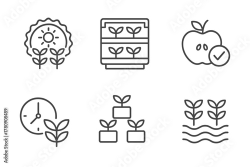 Vertical Farming Icons. Line style icons of vertical farming benefits: year-round growing badge, high yield per sq ft, clean food