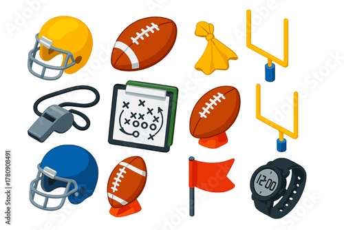 Football Icon Set. Isometric vector illustration set American football: gold helmet, leather-stitched ball, portable goalpost,