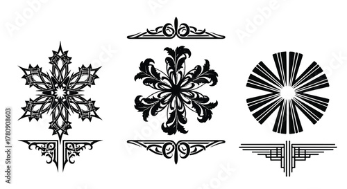 Ornamental Design Elements: An elegant composition of stylized, symmetrical ornamental design elements, showcasing the beauty and intricacy of artistic details.