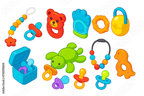Colorful Baby Essentials. Isometric vector illustration set Baby Essentials: pacifier clip, teether toy, silicone teething mitt,