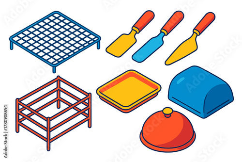 Baking Tools Essentials. Isometric vector illustration set Baking tools – cooling rack, wire grid, rack legs; cake lifter, spatula