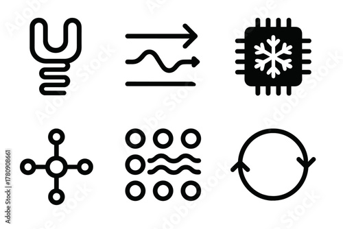 Programmable Matter Icons. Line style icons of Programmable Matter: micro actuator icon, controlled response arrow, temperature