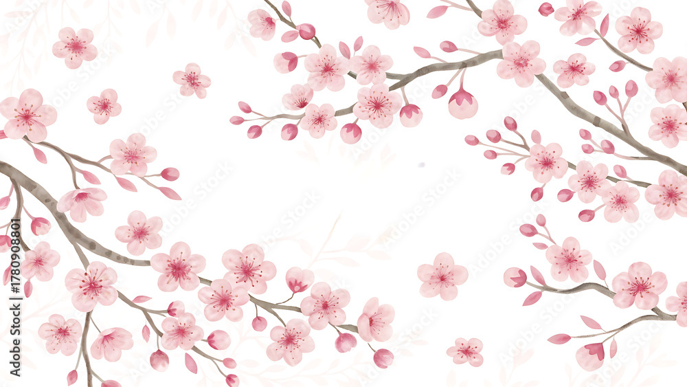 Fototapeta premium Beautiful spring watercolor painting with cherry blossom branches and flowers