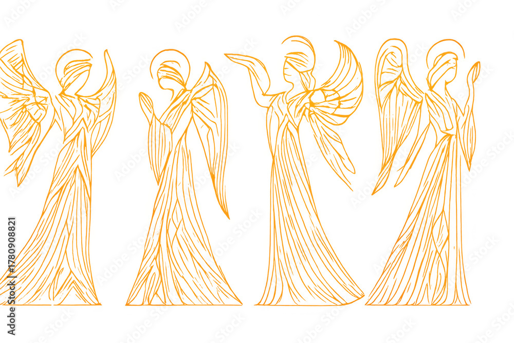 Obraz premium Golden line art illustration depicting a choir of four angels singing, praying, and worshipping on a transparent background