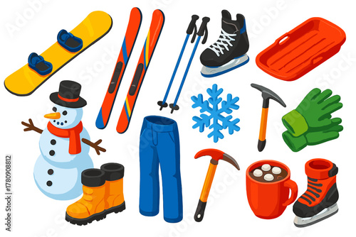 Winter Sports Icons. Isometric vector illustration set winter sports and fun: carving snowboard, alpine racing skis, hockey skates