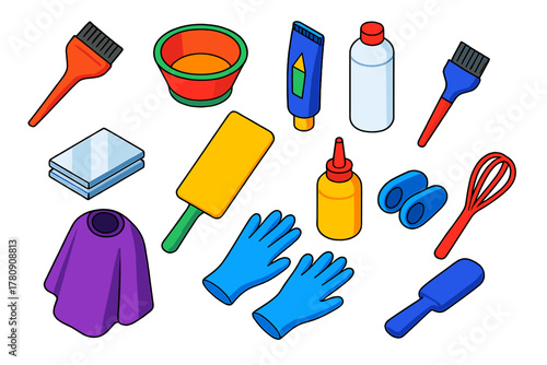 Hairdressing Tools Icons. Isometric vector illustration set Hairdressing and Grooming Tools: hair color brush, color mixing bowl,