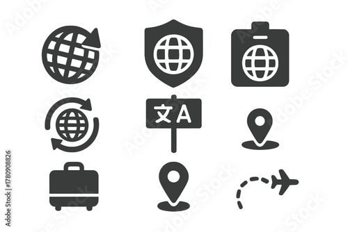 International Event Icons. Solid style icons of international events: globe with backward arrow icon, world race badge, foreign