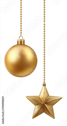 3 golden christmas decorations: a gold ball and a gold star hanging on a chain, isolated on a transparent background. this is a cutout png file with no shadow or gray stroke.