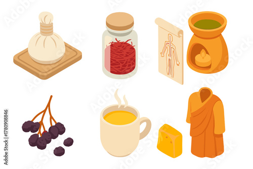 Traditional Medicine Elements. Isometric vector illustration set of Traditional medicine: herbal poultice wrap, saffron threads