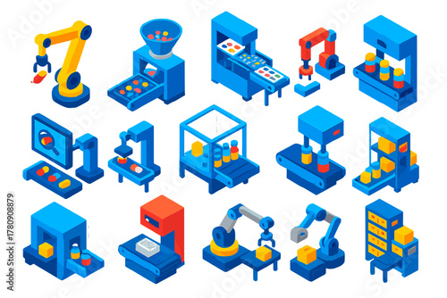 Pharmaceutical Automation Icons. Isometric vector illustration set Pharmaceutical Automation: robotic arm, pill counting machine,