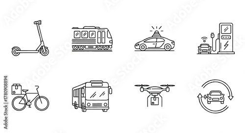 Modern Transportation Array: A collection of various modern transport, presenting diverse modes of mobility. Featuring elements such as scooter, train, automobile, charging station, bicycle, bus.