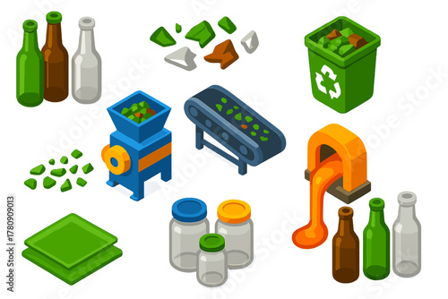 Glass Recycling Process. Isometric vector illustration set Glass Recycling: glass bottles, broken glass pieces, collection bin for