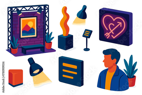 Urban Nightlife Art. Isometric vector illustration set Urban nightlife – open-air art exhibit, sculpture pedestal, neon art piece;