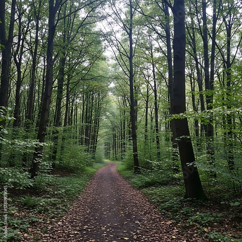 Sunlit Path Through Dense Forest Canopy in Autumn.