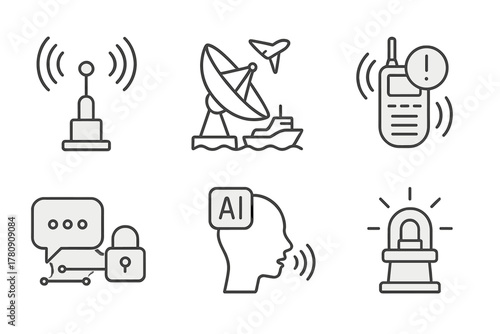 Marine Communication Icons. Line style icons of communication systems: marine antenna transmitter, ship-to-satellite dish,