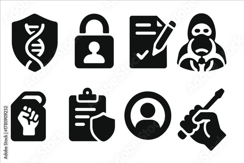 Ethical Hacking Icons. Solid style icons of ethical hacking symbols: DIY bioethics shield, personal data lock, informed consent