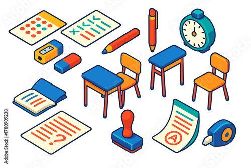 Education Tools Icons. Isometric vector illustration set Education: quiz sheet, answer sheet, pencil sharpener, eraser, pen, exam