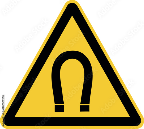 Magnetic field sign. Black danger icon on yellow triangle symbol. Vector illustration of magnet. Hazard symbol. Danger pictogram, warning sign icon
