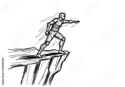 Dynamic sketch of a heroic figure standing on a cliff edge