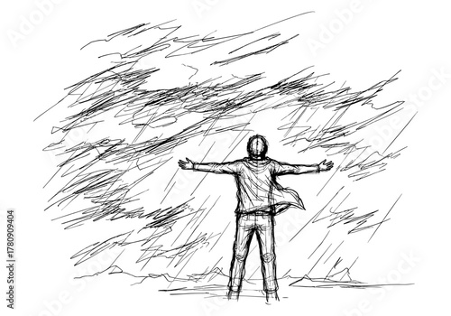 Embracing the storm: man standing in rain with outstretched arms in sketch style
