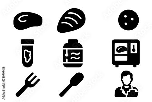 Lab-Grown Meat Tasting. Solid style icons of lab-grown meat tasting: cultured steak slice, synthetic chicken fillet, lab-grown