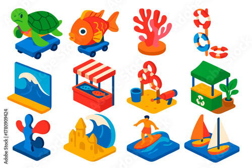 Ocean Festival Celebration. Isometric vector illustration set Ocean Festival: turtle parade float, fish lantern, coral sculpture,