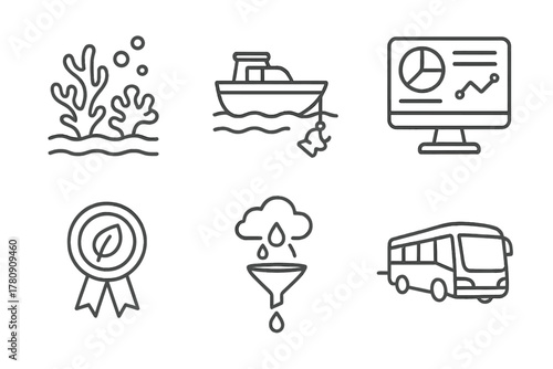Underwater Hotel Sustainability Icons. Line style icons of underwater hotel sustainability efforts: coral regeneration zone,