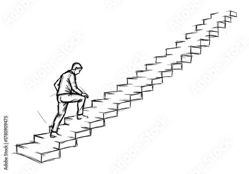 Sketch of a man climbing endless stairs representing growth and ambition
