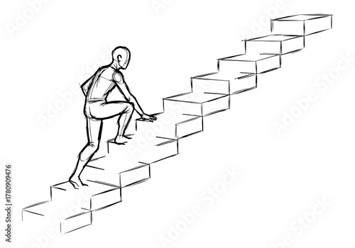 Sketch style figure ascending stairs conceptualizing progress and growth