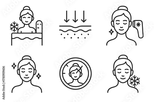 Cryotherapy Beauty Icons. Line style icons of cryotherapy for beauty: beauty spa icon, collagen firming, cryo body contouring,