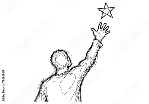 Reaching for success conceptual hand drawing of a figure extending toward a star