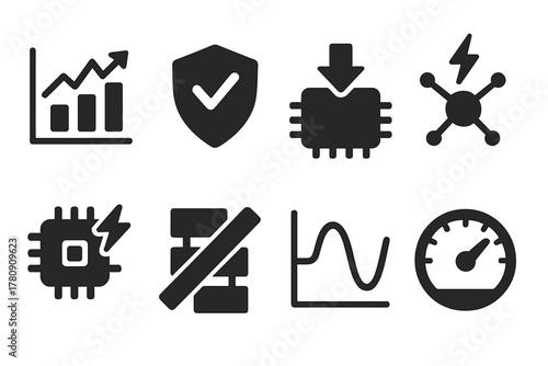 Durability Icon Set. Solid style icons of stress-tested design: durability graph icon, tested structure badge, pressure-tested