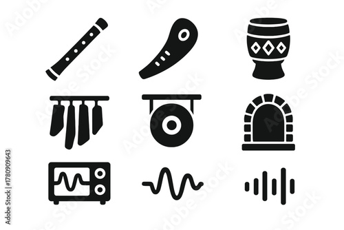 Archaeoacoustics Icons. Solid style icons of archaeoacoustics: ancient flutes, bone whistles, carved drums. Stone chimes, temple