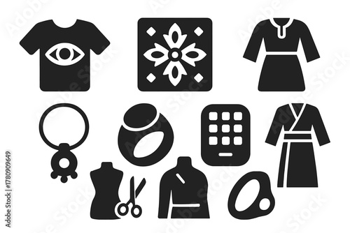 Fashion Symbolism Icons. Solid style icons of symbolism in fashion: eye on clothing glyph, pattern motif icon, cultural dress