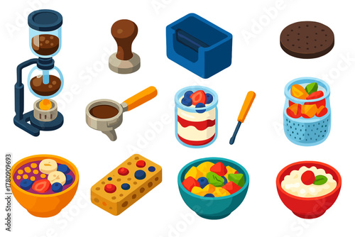 Coffee and Breakfast Icons. Isometric vector illustration set Coffee Equipment and Breakfast Treats: siphon coffee maker, coffee