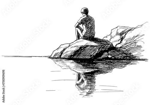 Lonely figure on rocky shore with reflective water in sketch style