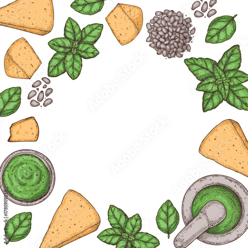 Pesto sauce ingredients vector illustration. Hand drawn. Italian food. Basil, parmesan cheese, pine nuts, garlic, salt, arugula, mortar and pestle
