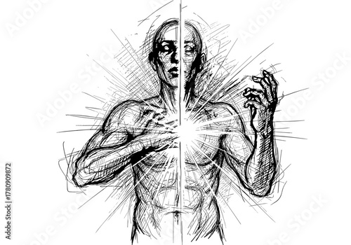 Dramatic sketched person with radiating light and expressive gesture