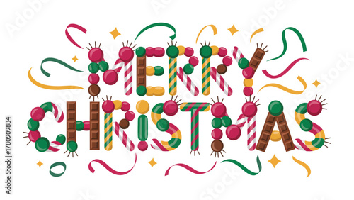 Festive Christmas Typography: A cheerful design spells out Merry Christmas with playful decorations, candy canes, and colorful confetti, invoking holiday cheer.
