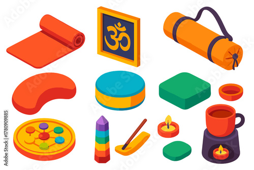 Yoga Essentials Icons. Isometric vector illustration set Yoga and Mindfulness Essentials: rollable mat, OM framed print, mat strap
